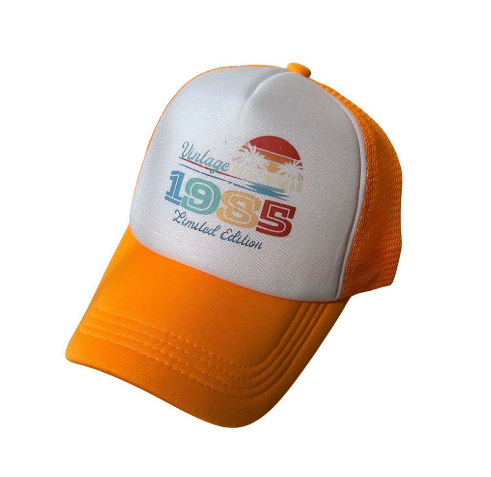 Vintage 1985 Limited Edition Retro Palm Tree Sunset Trucker Hat Orange/White